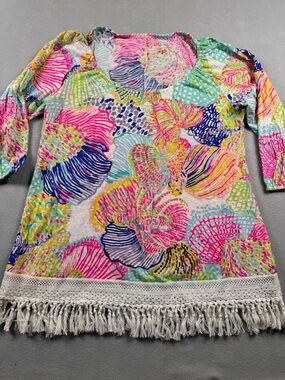 Lilly Pulitzer Alia Roar of The Seas XL Tunic Top Crochet Fringe Cotton Colorful
